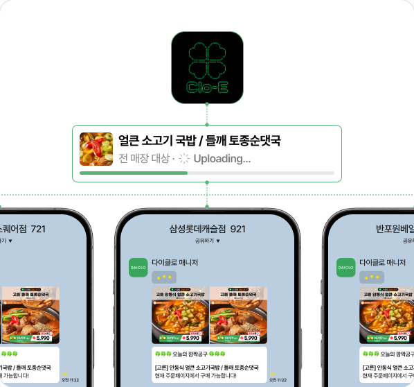 다이클로: 상품 하나를 등록하면 여러 매장 오픈 채팅방에 자동으로 올라가는 화면